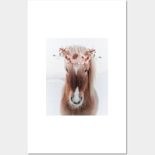 Icelandic Horse Portrait with Flowers Posters and Art